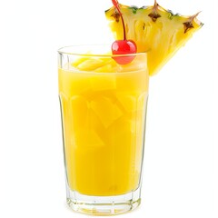 A fruity pineapple juice with pineapple chunks and a cherry in a clear glass, isolated white background, realism art style