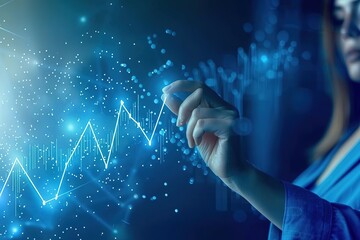 Poster - Business woman touching virtual screen with stock market graph and arrow up on blue background