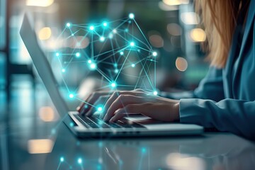 Poster - Business woman using laptop with social network and digital human icon on screen