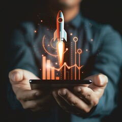Poster - A man is holding a cell phone with a rocket on it