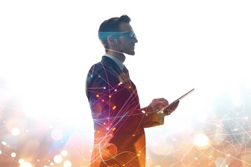 Poster - A man in a suit is holding a tablet and looking at it