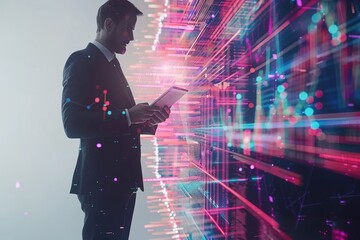 Poster - Businessman in suit standing with tablet and digital glowing lines on white background. Digital