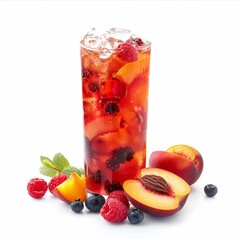 A fruity raspberry peach iced tea with mixed berries and peach slices, served in a tall glass with crushed ice, isolated white background