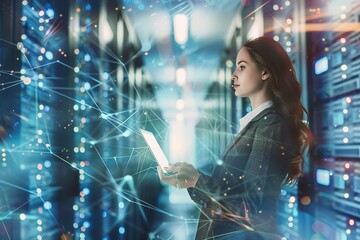 Poster - Double exposure of a woman holding a laptop with a data center server room background