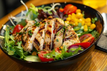 Canvas Print - Fresh grilled chicken salad with mixed vegetables in bowl