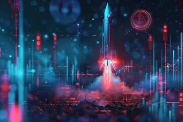 Poster - illustration of a rocket launch with digital graphs and bitcoin symbols in the background,