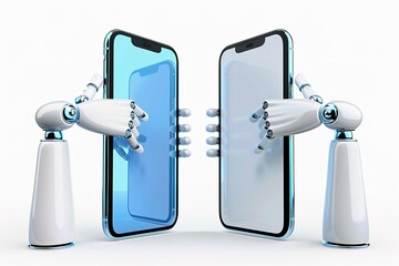 Poster - 3D cartoon style, two cell phones facing each other with arms coming out of the screens and