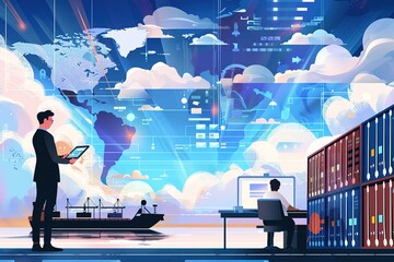 Poster - A businessman holding an iPad in his hand, standing on the left side of the screen