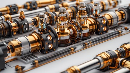 Canvas Print - Close-up view of intricate machinery components with metallic and golden elements, showcasing advanced engineering and precision manufacturing.