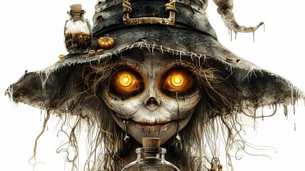 creepy scarecrow with glowing eyes and witch hat, perfect for halloween decor and spooky themes.