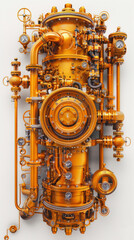 Poster - Intricate brass machinery with complex gears and pipes, showcasing mechanical engineering and steampunk design on a white background.