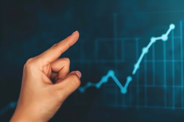 Poster - A hand pointing to the upward line of an graph, dark blue background,