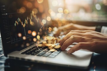 Poster - A person typing on their laptop with an upward trending graph floating above the keyboard,
