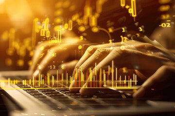 Poster - A person typing on their laptop with hands close to the camera, and digital graphs rising