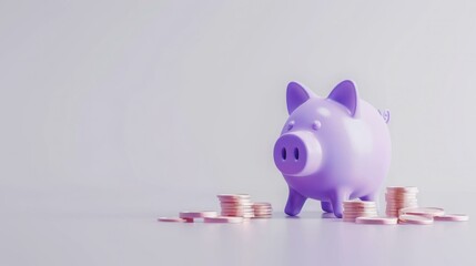 Wall Mural - Purple Piggy Bank and Coins