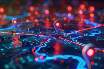 Poster - A computer generated image of a city with a red dot on the map