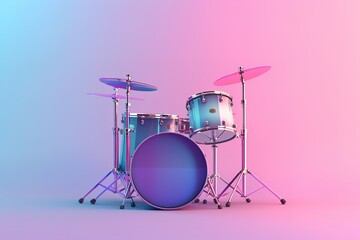 A blue and purple drum set is displayed on a pink background