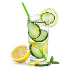 A refreshing cucumber and lemon detox water with thin cucumber and lemon slices, isolated white background, realism art style