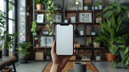 Hand holding a smartphone in a home with a modern interior and indoor plants