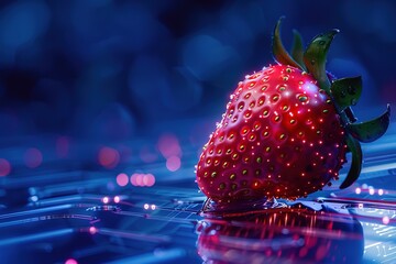 Wall Mural - A red strawberry is lit up with a blue background