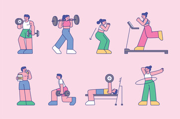 Poster - People are exercising at the gym. Outlined people illustration.