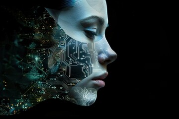 Poster - A woman's face is shown with a computer chip design