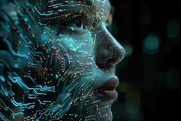 Poster - A woman's face is shown in a computer generated image with a lot of blue