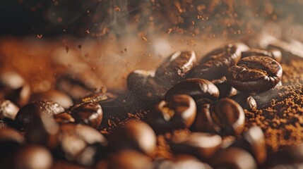 Poster - Coffee beans in close up among roasted coffee mix with space for text Freshness of Coffee