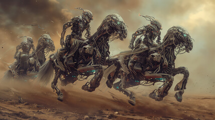 Futuristic Cyborgs Illustrating the Four Horsemen of the Apocalypse Riding AI-Powered Machines