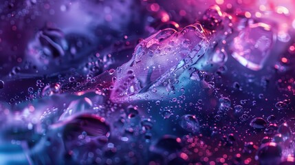 Wall Mural - Abstract background with pink and blue neon lighting and water droplets. Liquid texture with colorful bokeh effect.  Macro shot of water drops in vibrant colors.