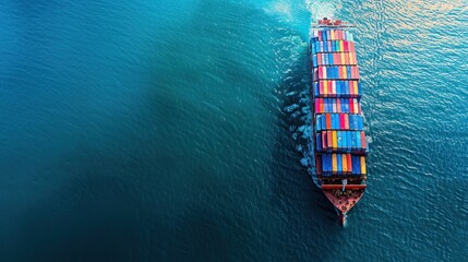 Cargo ship sailing on a blue ocean carrying shipping containers, aerial view. Global logistics, transportation, import export, and supply chain concept.