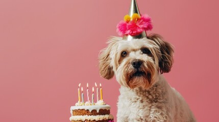 Wall Mural - Adorable dog in party hat with birthday cake on pink background