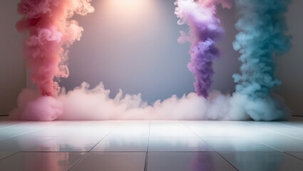 Sticker - stage for product presentation background of lights and colorful smoke, empty space