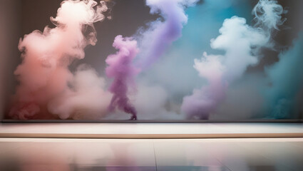 Sticker - stage for product presentation background of lights and colorful smoke, empty space