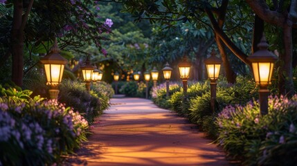 Poster - A beautiful garden path lit by elegant garden lamps at dusk.