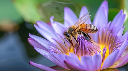 Poster - A bee collecting nectar from a blooming lotus flower.