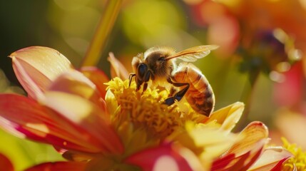 Poster - A bee collecting nectar from a vibrant flower in a garden.