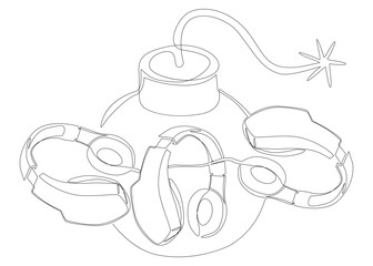 Poster - One continuous line of bomb with headphones. Thin Line Illustration vector concept. Contour Drawing Creative ideas.
