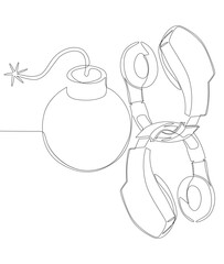 Poster - One continuous line of bomb with headphones. Thin Line Illustration vector concept. Contour Drawing Creative ideas.