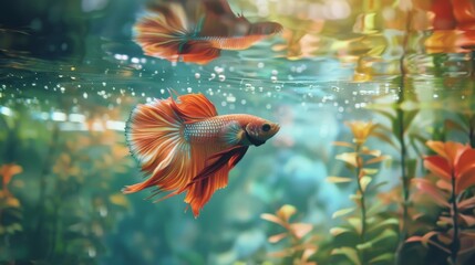 Poster - A betta fish swimming near the water surface, creating reflections on the glass.