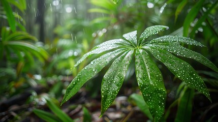 Poster - A broadleaf plant covered in dew in a rainforest setting.