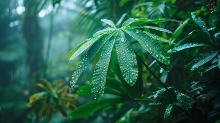 Poster - A broadleaf plant covered in dew in a rainforest setting.