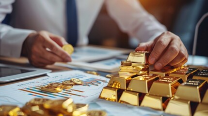 Poster - A businessman discussing gold market graphs and investment strategies in a meeting.