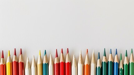 Sticker - Colorful row of pencils in left corner isolated on white background with space for text promoting joy of art education for children Standout red hue