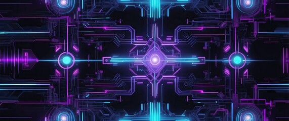 Wall Mural - A futuristic, glowing abstract circuit design with neon blue and purple colors, ideal for concepts related to technology, innovation, and digital interfaces