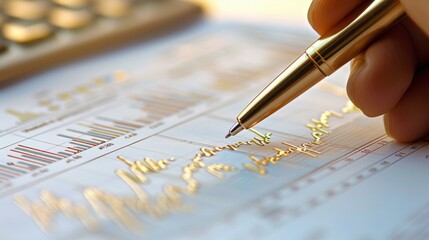 Poster - A close-up of a hand holding a pen pointing at a gold price graph on paper.
