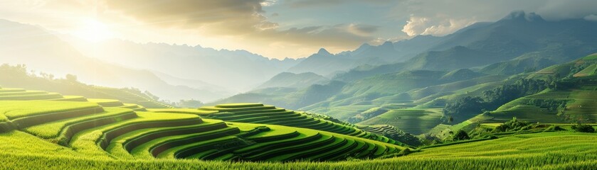 Stunning terraced rice fields under the morning sun, with lush green hills and mountains in the background, creating a serene natural landscape.