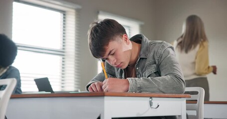 Poster - Desk, tired student and sleeping in classroom for burnout, dream and low energy for night studying. Teen boy, stress or fatigue for education with insomnia problem, rest and nap for school pressure