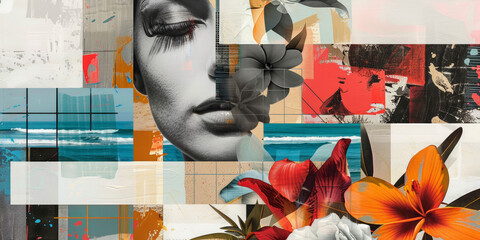 Wall Mural - Abstract Collage Art with Floral Elements and Portrait in Mixed Media