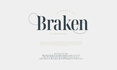 Braken premium luxury elegant alphabet letters and numbers. Vintage wedding typography classic serif font decorative vintage retro. creative vector illustration